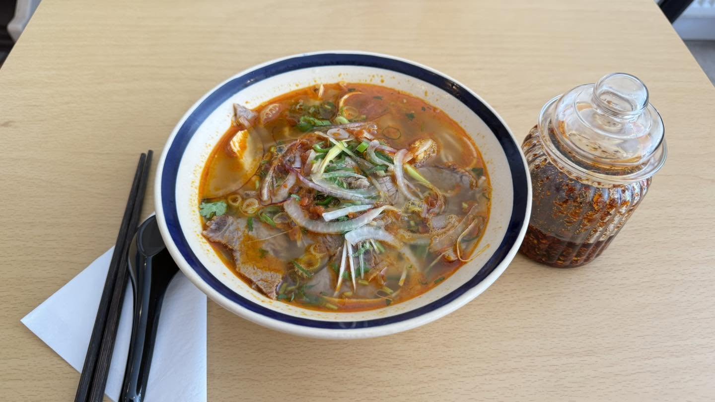 A bowl of Bun Bo Hue photographed by VietFresh.